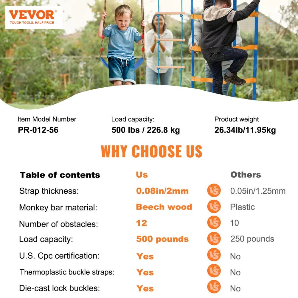 2x50/56/60/65FT Ninja Warrior Obstacle Course for Kids Weatherproof Slacklines 500lbs Weight Outdoor Playset Equipment