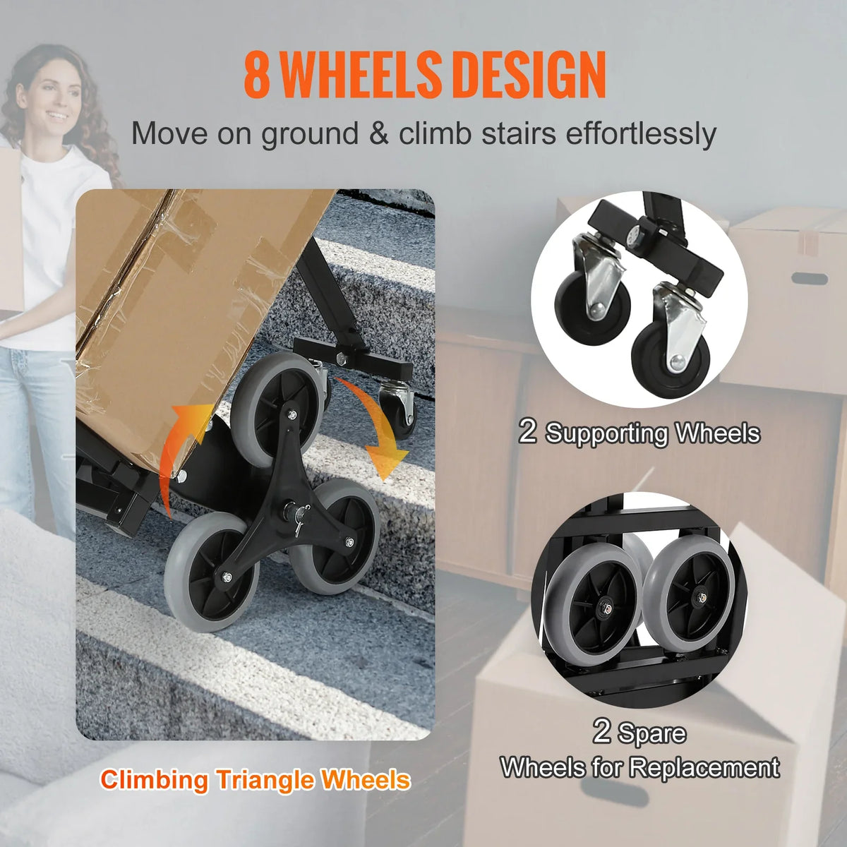 375lbs Stair Climbing Cart Foldable Dolly with Adjustable Handle Hand Truck 10 Wheels All Terrain Cart for Transport Goods