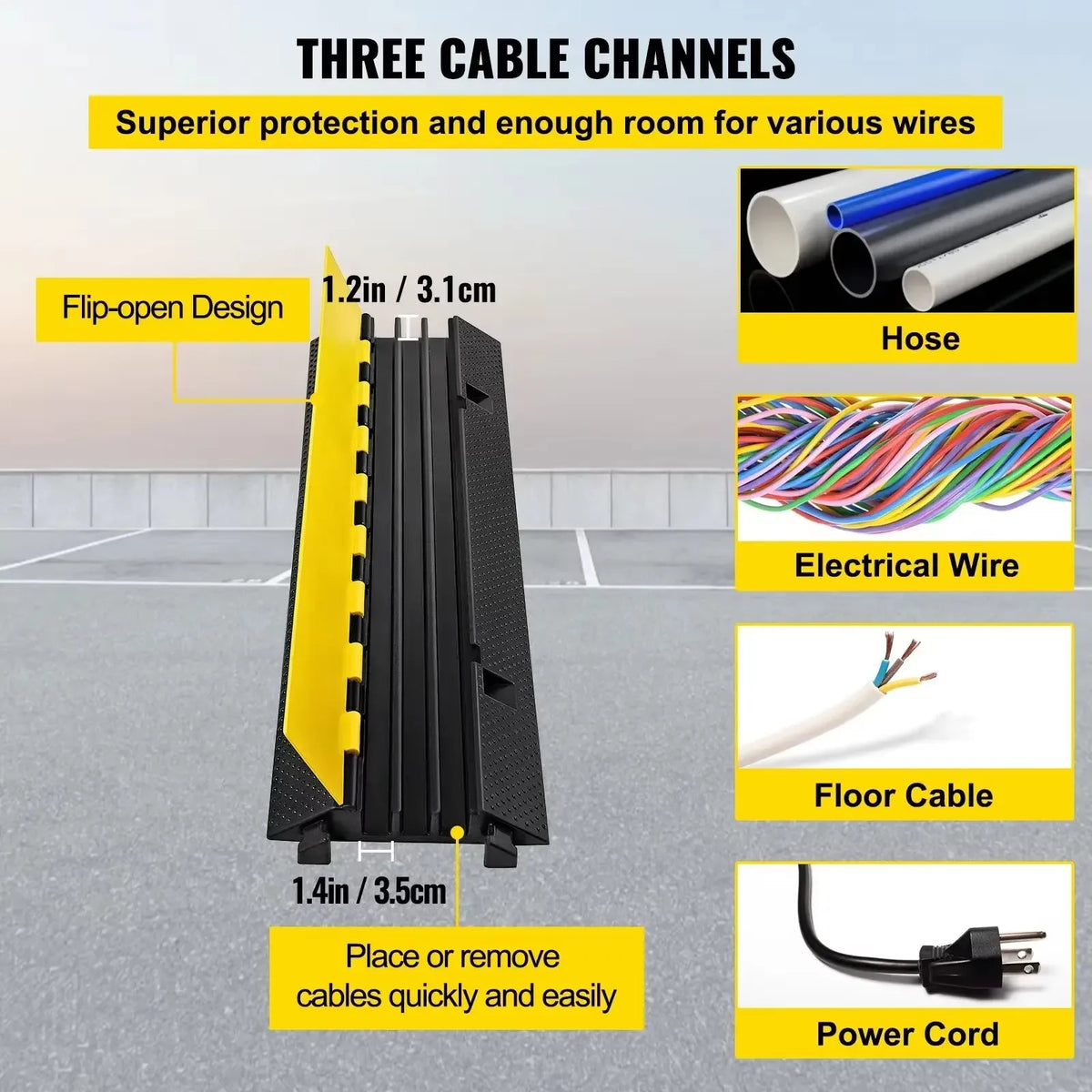3 Channel Rubber Cable Protector Ramp Channel Heavy Duty Cable Wire Cord Cover Ramp Speed Bump Driveway Hose Cable Ramp