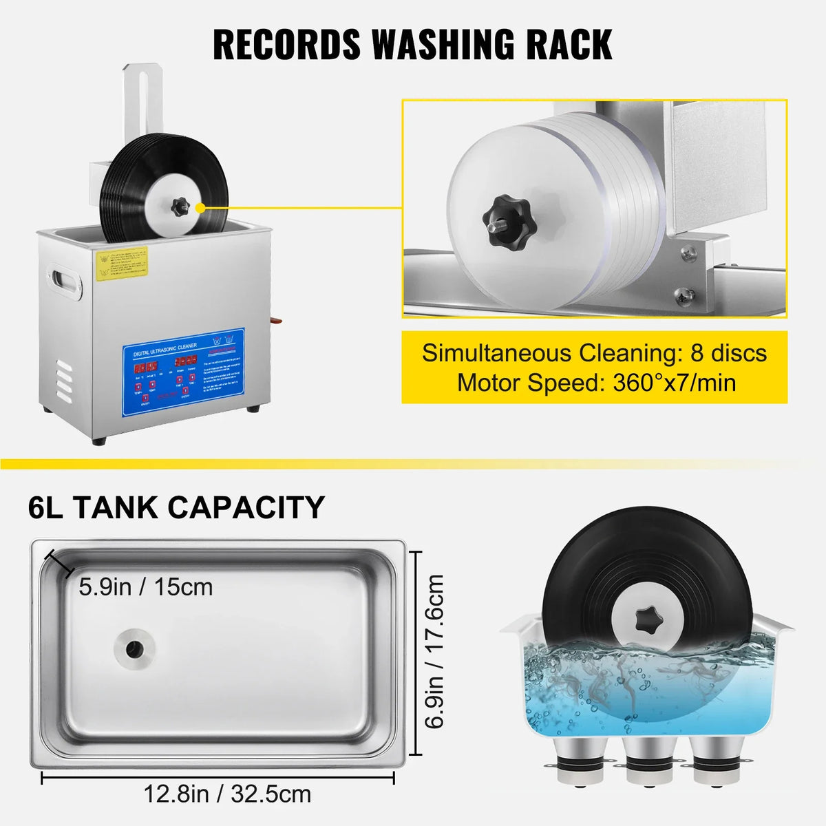 Ultrasonic Cleaner 6L Ultrasonic Vinyl Cleaner 7-12 Inch 8 Records 180W Ultrasonic Records Cleaner w/Drying Rack for Home