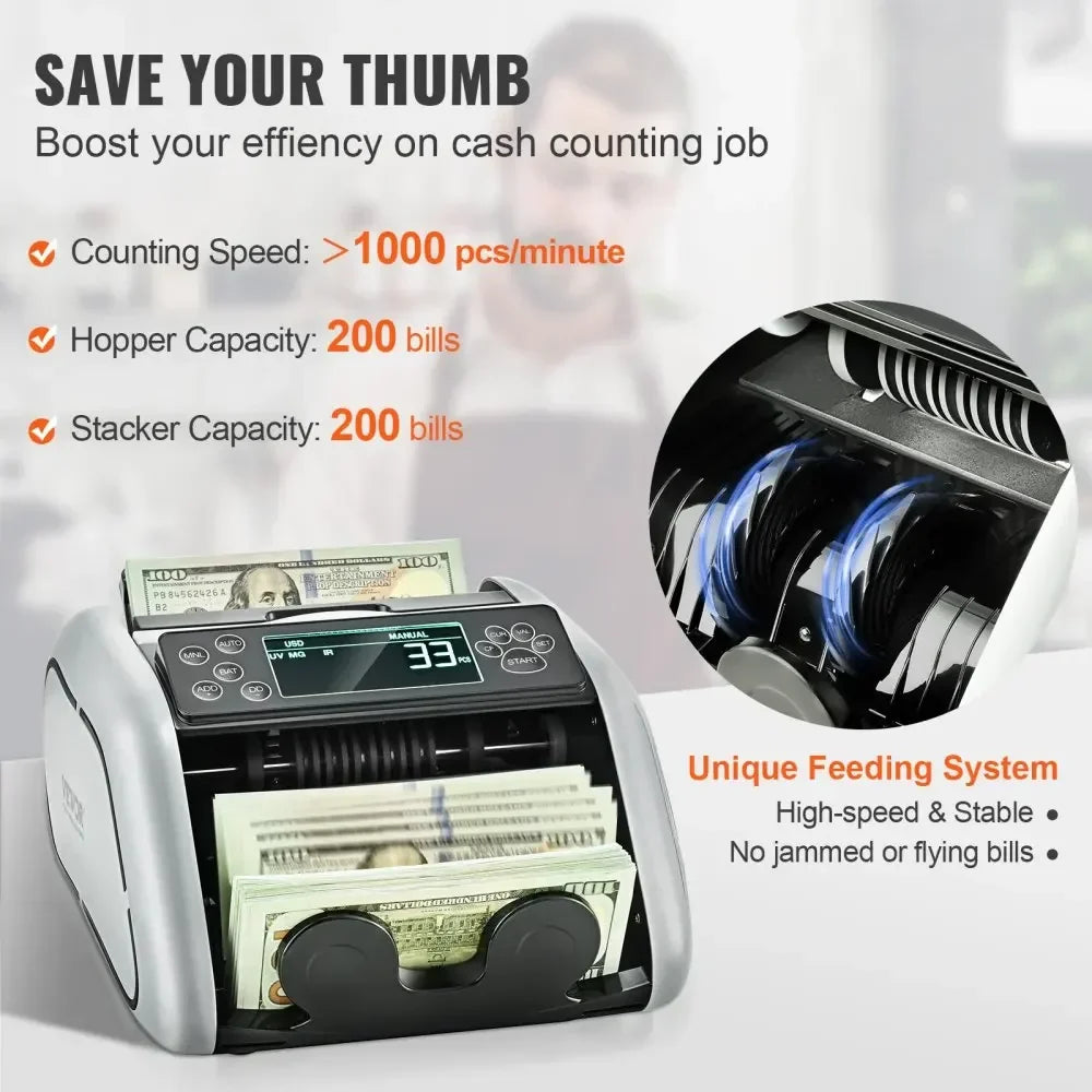1000 Pcs/Min Money Counter Business Cash Register Bills Counterfeit Bill Detector by UV/MG/IR/DD Function for Bank Store