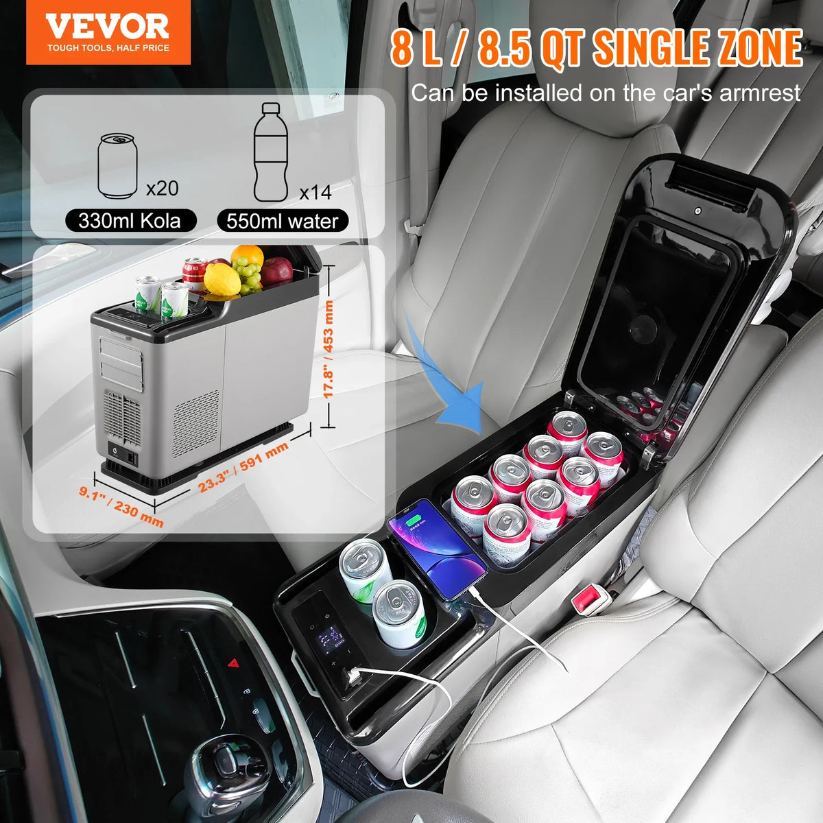15L Car RefrigeratorCar Armrest Refrigerator Fridge Single Zone Freezer -4℉-68℉ Adjustable Range 12/24V DC and Cooler