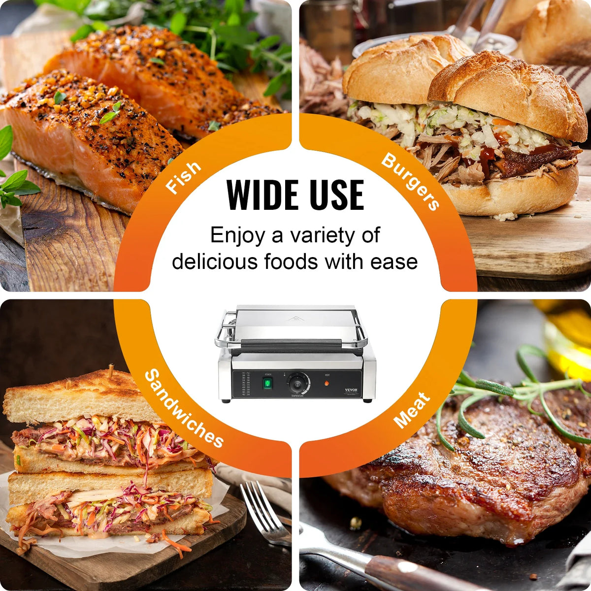 17 In Commercial Panini Grill, Electric Sandwich Panini Maker, Stainless Steel Sandwich Press Grill, with Temp Control