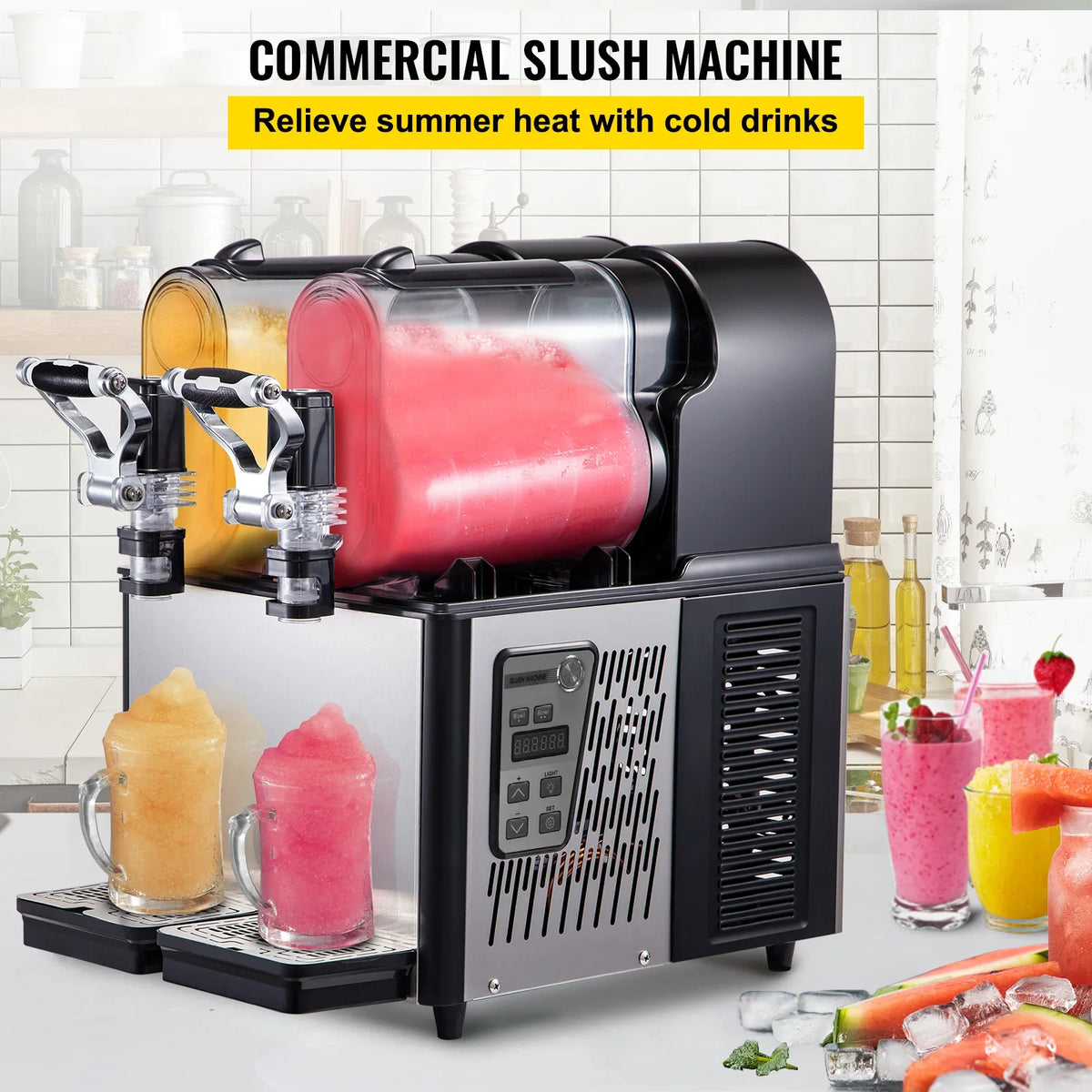 Commercial Slushy Machine, 3LX2 Tank Slush Drink Maker, 370W Frozen Drink Machine with Temperature Preservation, Black