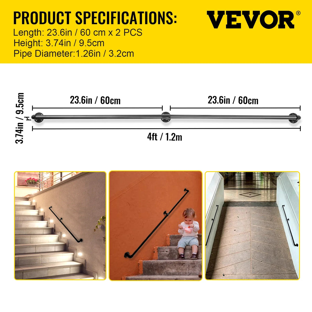 Stair Handrail Outdoor Safety Handrailings Loadable Staircase Hand Rail Stairway Straight Grab Support Round Corner Wall