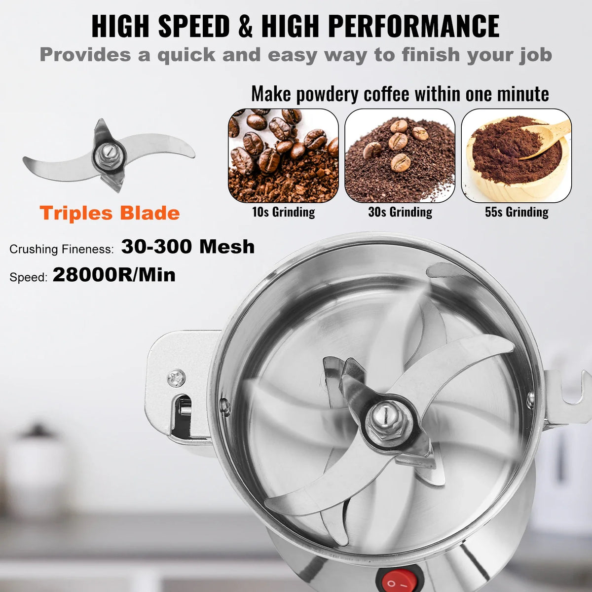 550g Electric Grain Mill Grinder, High Speed 2000W Commercial Spice Grinders, Stainless Steel Pulverizer Powder Machine