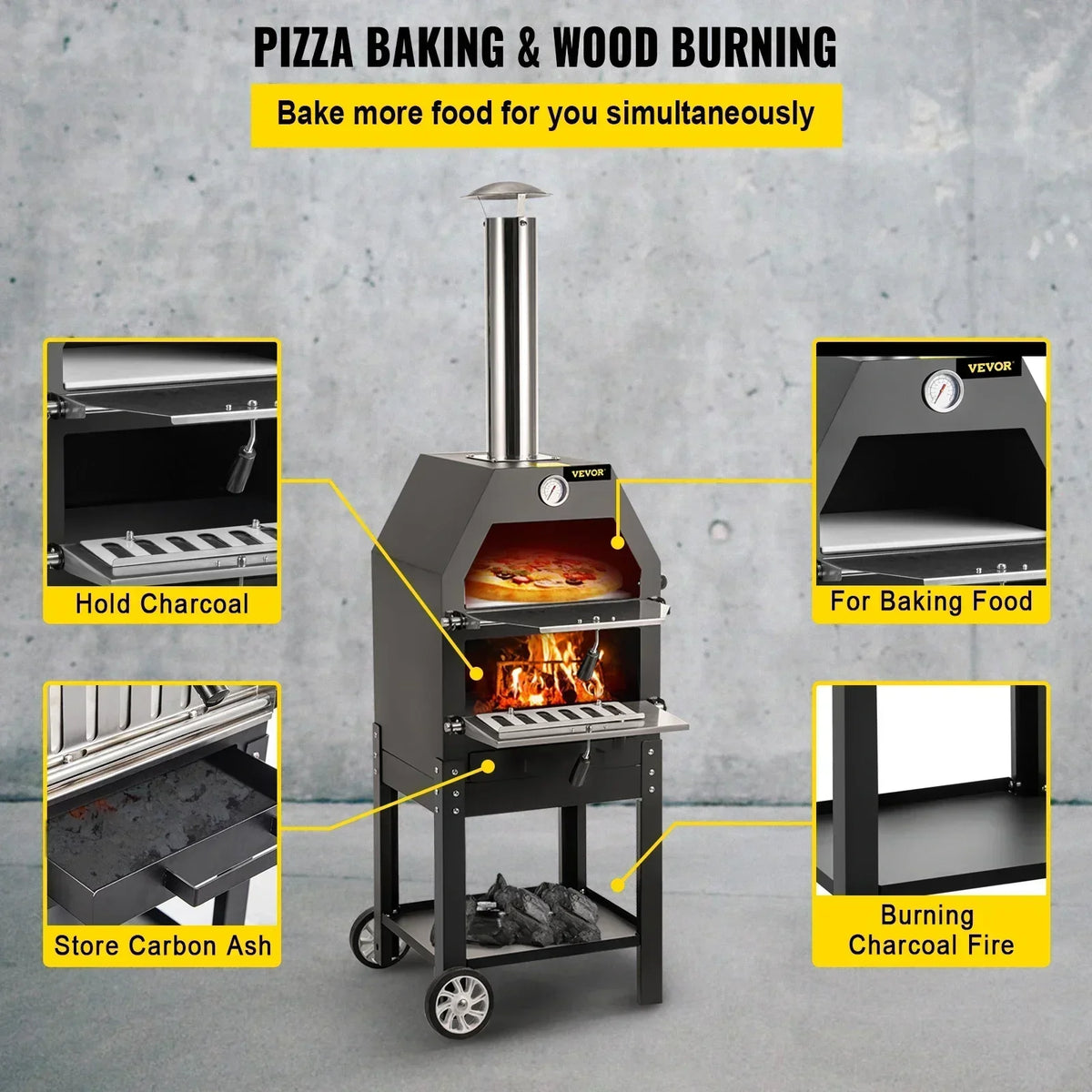 12" Outdoor Pizza Oven,2-Layer Wood Fire Pizza Oven ,Wood Burning Outdoor Pizza Oven w/ 2 Removable Wheel ,for Camping