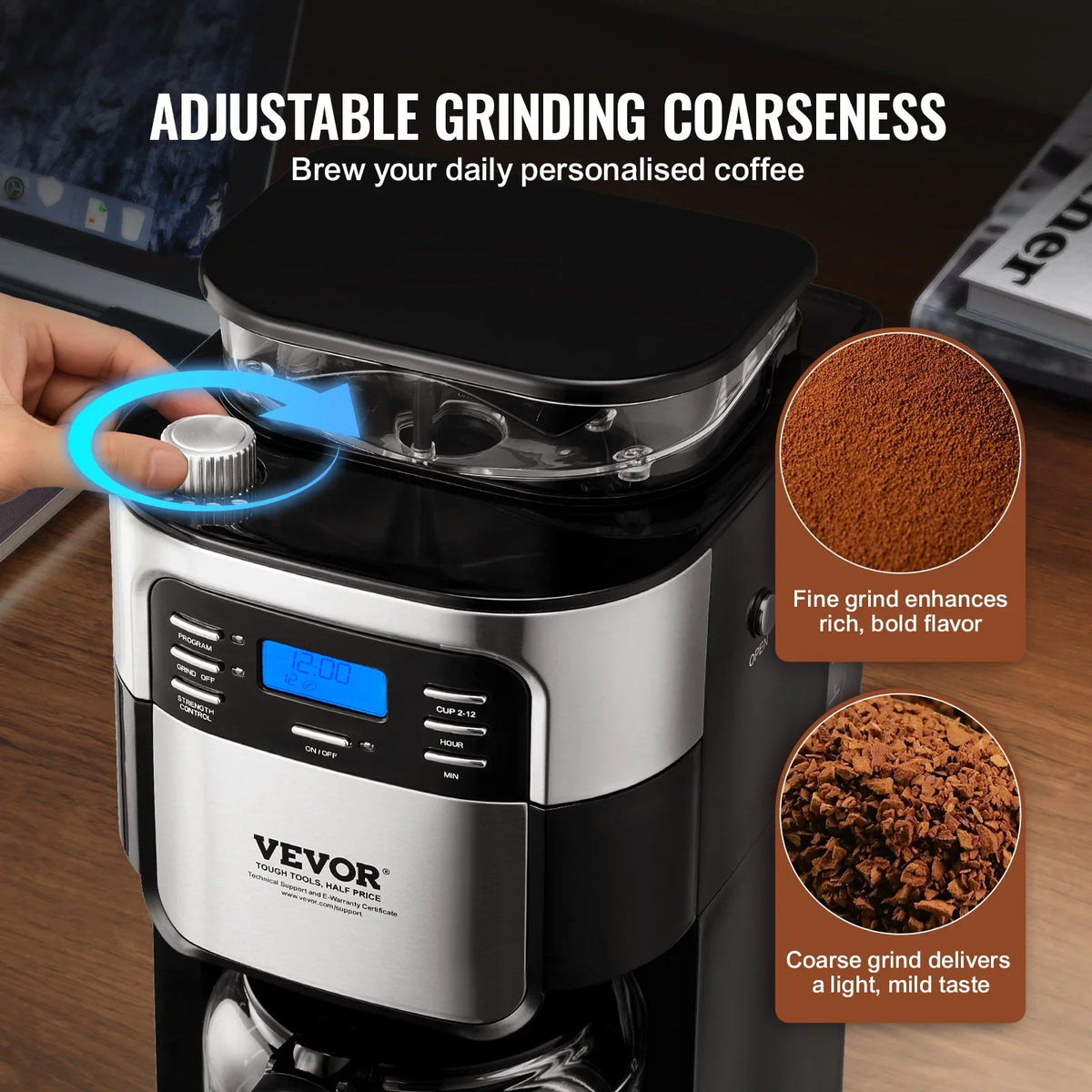 Coffee Maker with Grinder, 12 Cup Grind and Brew Coffee Maker with 3 Brew Strength Control, 24-Hour Timer for Auto Brew