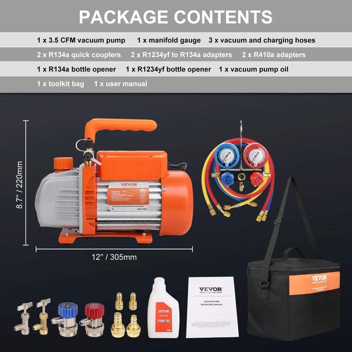 1/4 HP 4.5 CFM AC Vacuum Pump and Gauge Set, Single Stage  Air Vacuum Pump A/C Refrigerant Kit Manifold Gauge Set