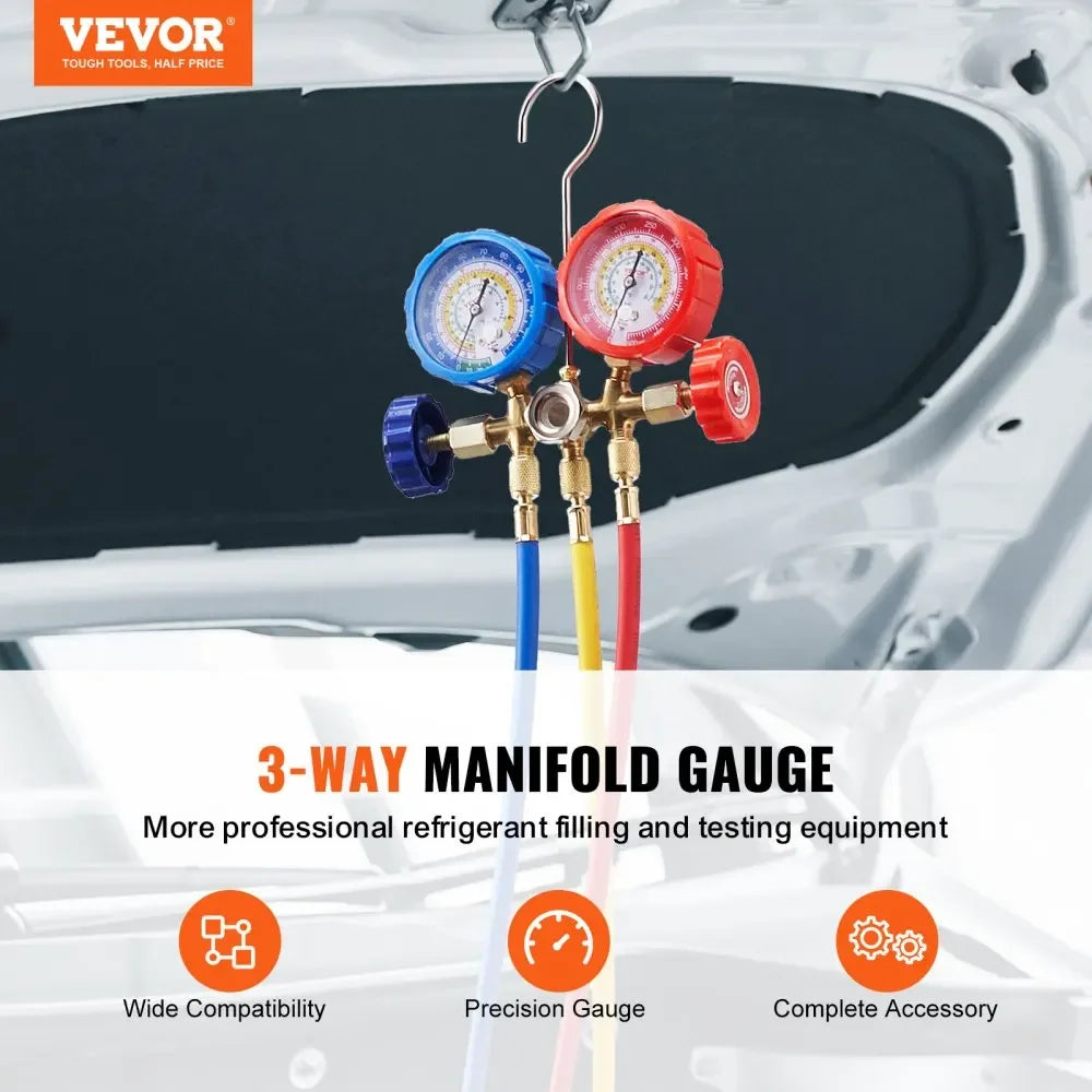 3 Way & 4 Way AC Gauge AC Manifold Gauge Set for R134A R22 R12 R502 with 5ft Hose Work on Car Freon Charging&Evacuation