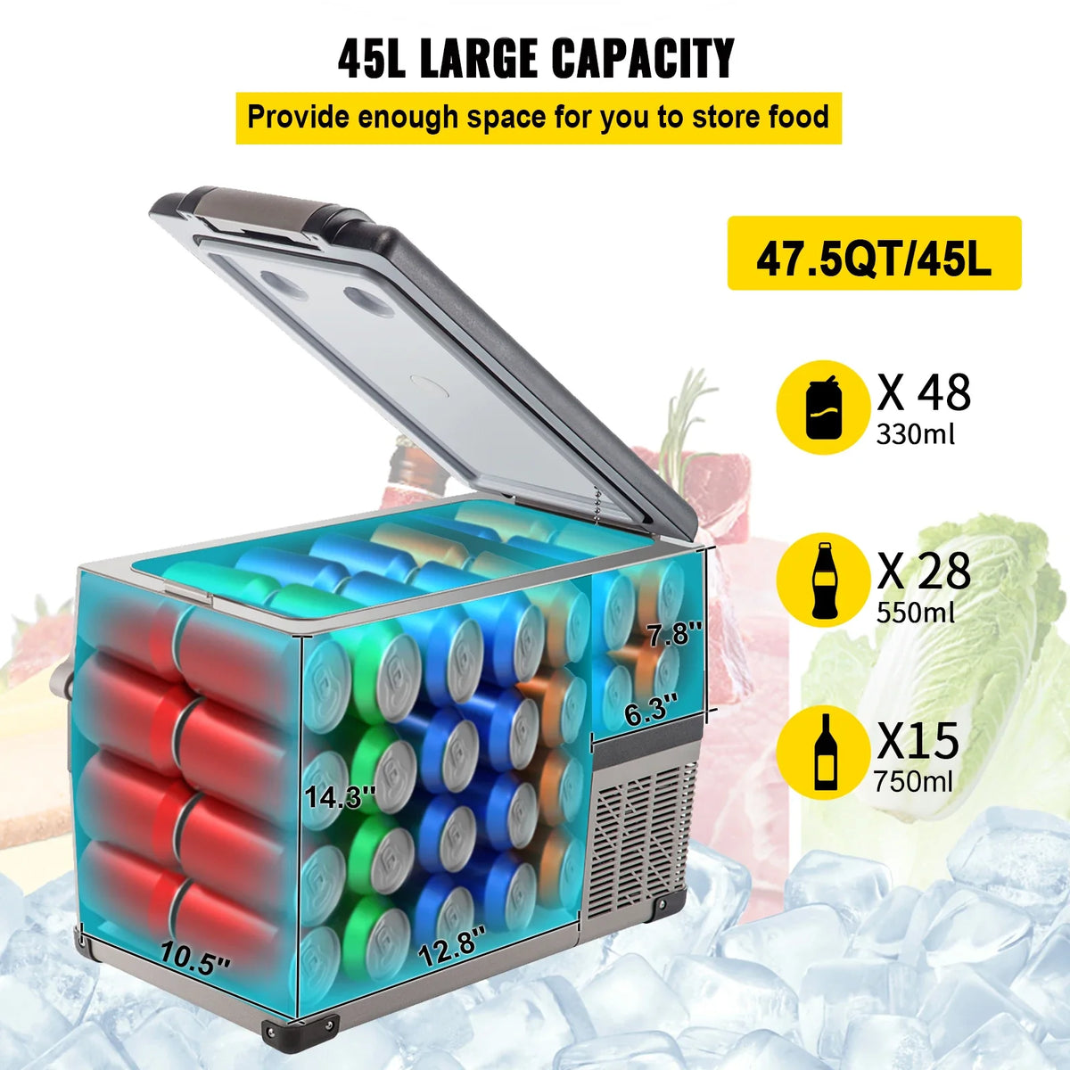 45L Portable Small Car Refrigerator Mini Car Freezer 60W Car Fridge Cooler 12V Fridge Freezer for Home and Outdoor Use