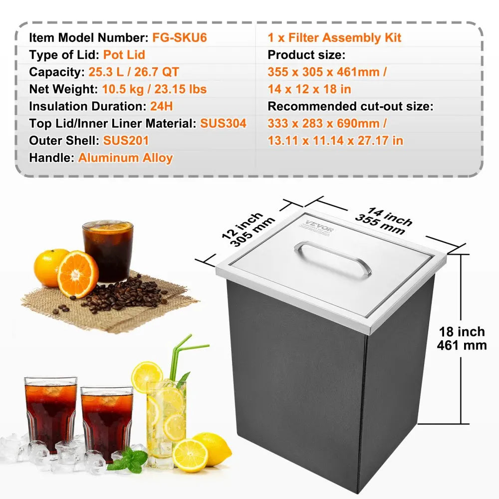 Drop in Ice Chest,Stainless Steel Ice Cooler,Commercial Ice Bin with Cover,Outdoor Kitchen Ice Bar,for Cold Wine Beer