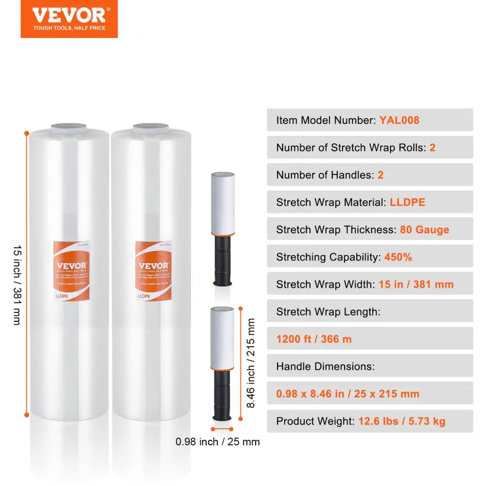 Stretch Wrap 15'' x 1000/1200 ft 1-4 Pack, 60/80 Gauge Heavy-Duty Shrink Film with Handles for Pallet Wrapping