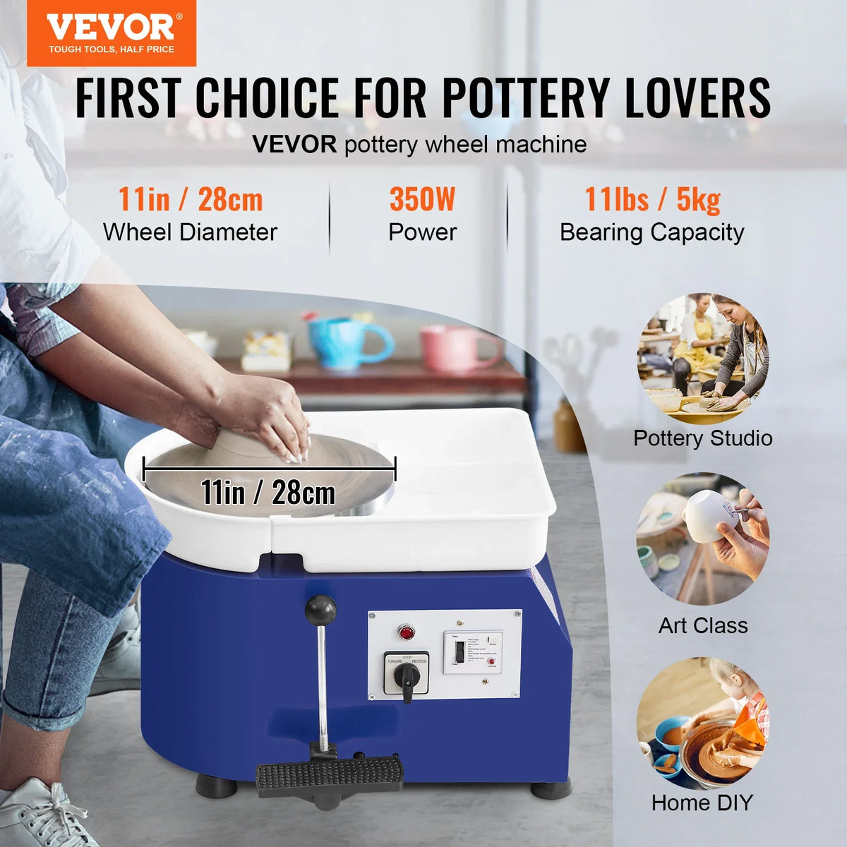 Pottery Wheel 350W 11in Clay Wheel Forming Machine Adjustable Speed & Pedal Control & ABS Detachable Basin Craft DIY Kit