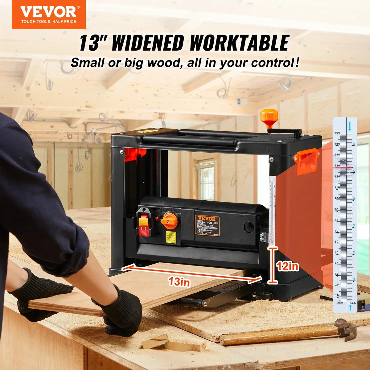 Electric Thickness Planer Benchtop 13inch Wood Planer with Three Blades Two Speed 15-Amp 2000W for DIY Woodworking Planing