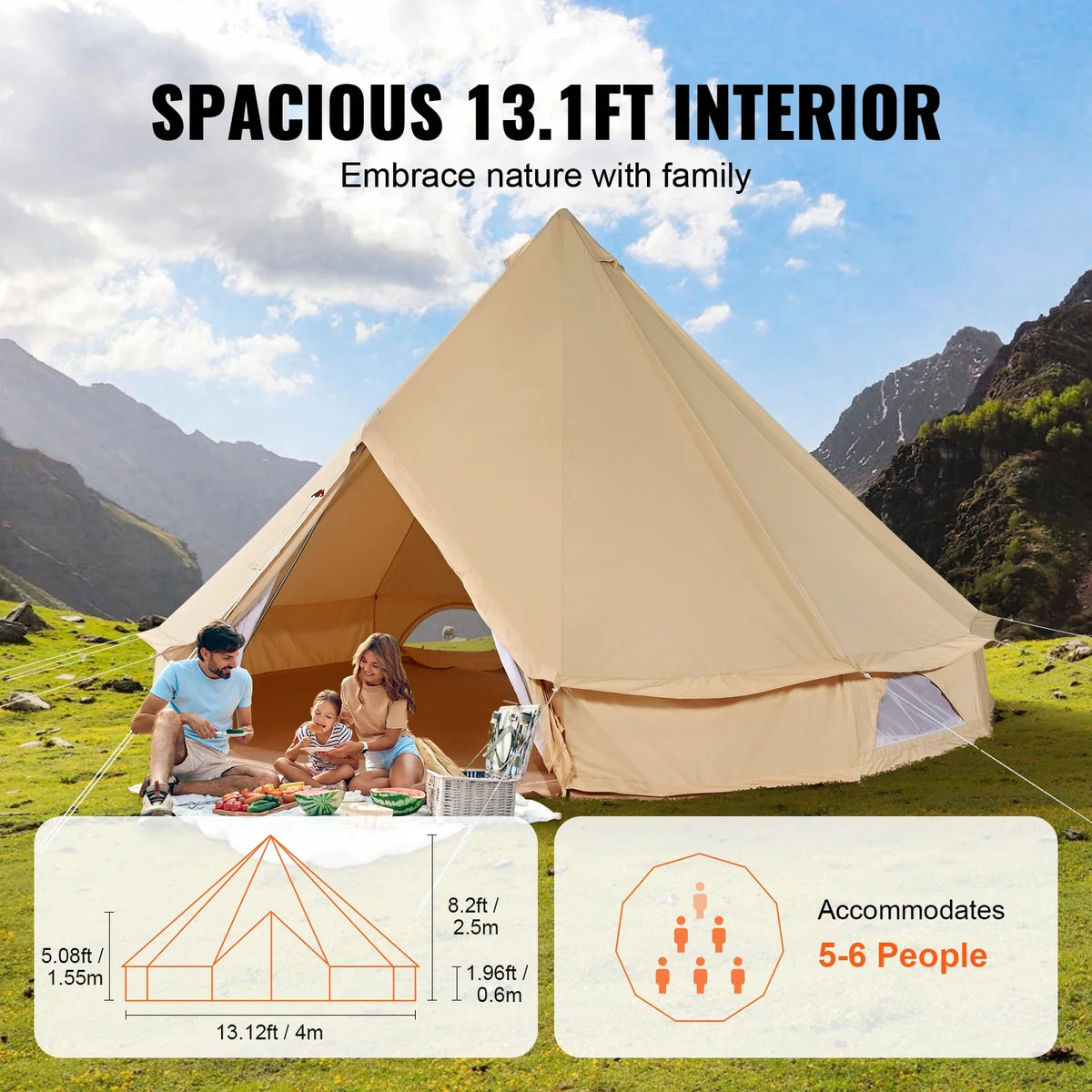 Canvas Bell Tent 4 Seasons Canvas Tent for Camping with Stove Jack Breathable Tent Family Camping Outdoor Hunting Party