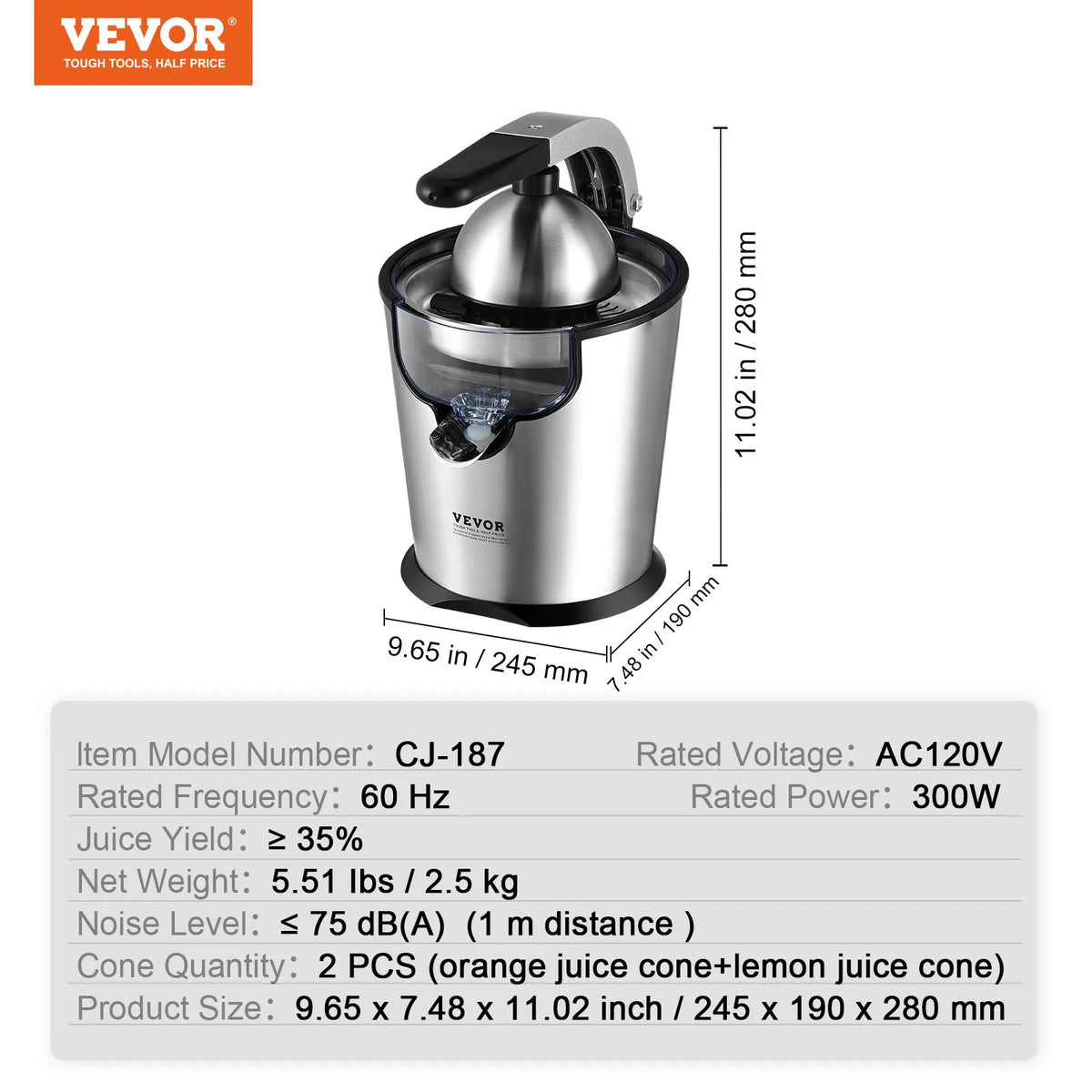 Electric Citrus Juicer Orange Juice Squeezer with Two Size Juicing Cones 300W Orange Juice Maker with Soft Grip Handle