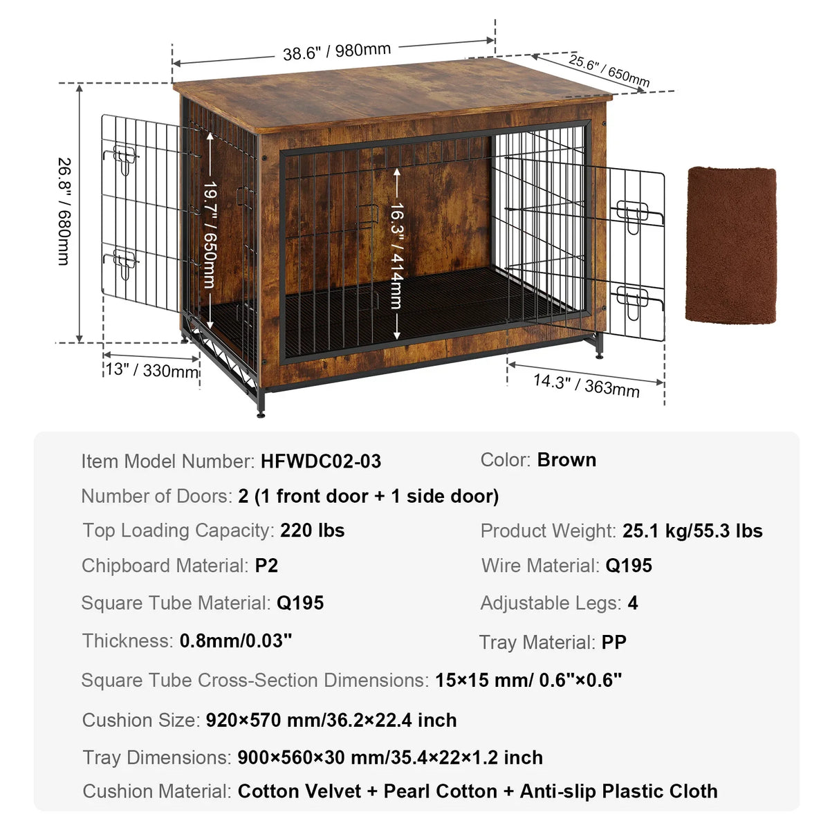 Dog Crate Furniture 38in Wooden Dog Crate W/Multi-Purpose Removable Tray Double Doors Modern Dog Kennel Indoor Up to 70lbs
