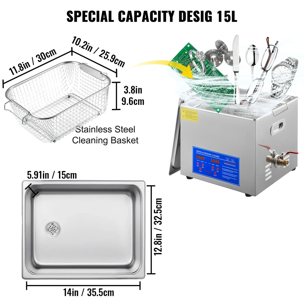 15L Ultrasonic Cleaner Machine Stainless Steel Ultrasonic Cleaning Machine Digital Heater Timer Jewelry Cleaning for Home