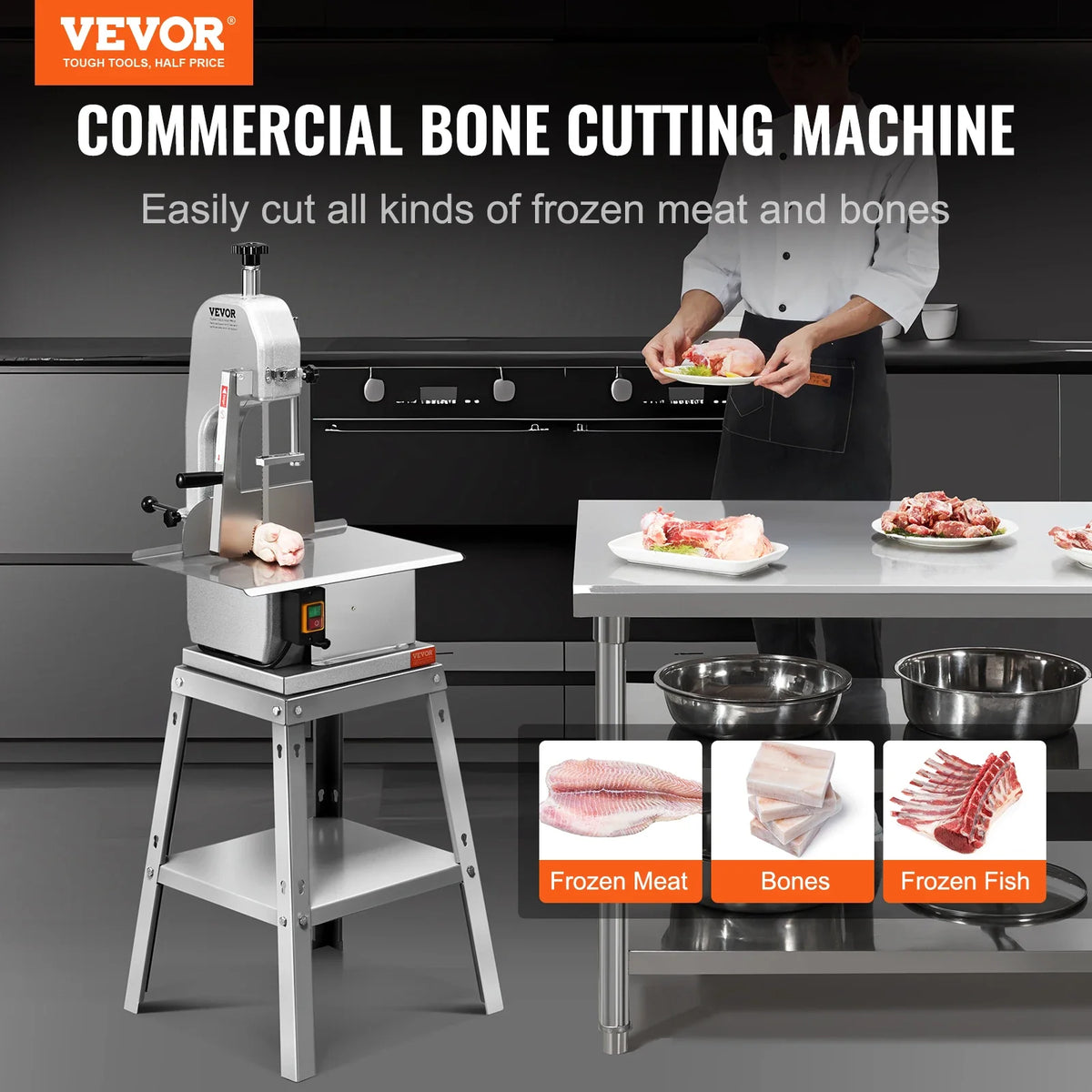 Electric Meat Saw, 850W Stainless Vertical Cutter,19.1"x15" Workbench,7.09" Cutting Thickness, w/5 Blades for Slicing Meat