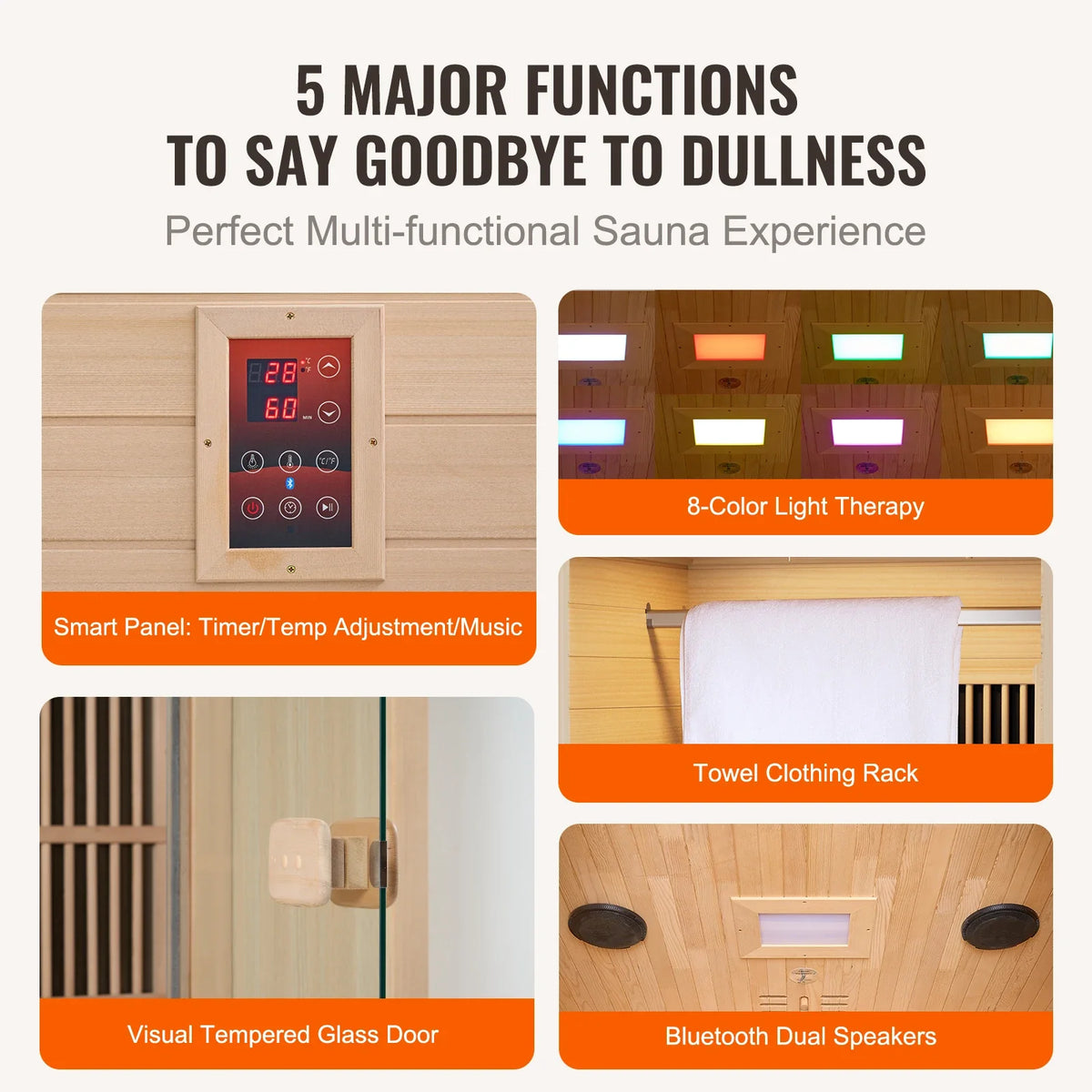 Far Infrared Wooden Sauna Room Low EMF Wood Sauna with LED Lamp & Bluetooth 1400W Indoor Use Sauna Spa for Single Person