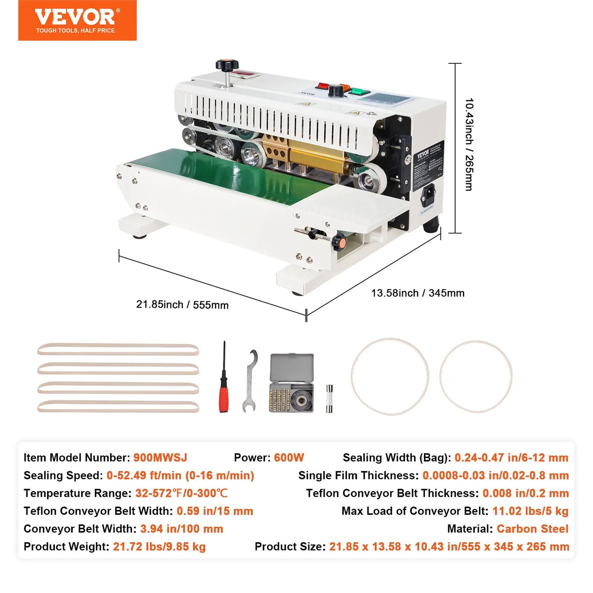 Continuous Bag Band Sealing Machine, 0.24-0.47 in/6-12 mm Seal Width, Bag Sealer for 0.02-0.8 mm Plastic Bags