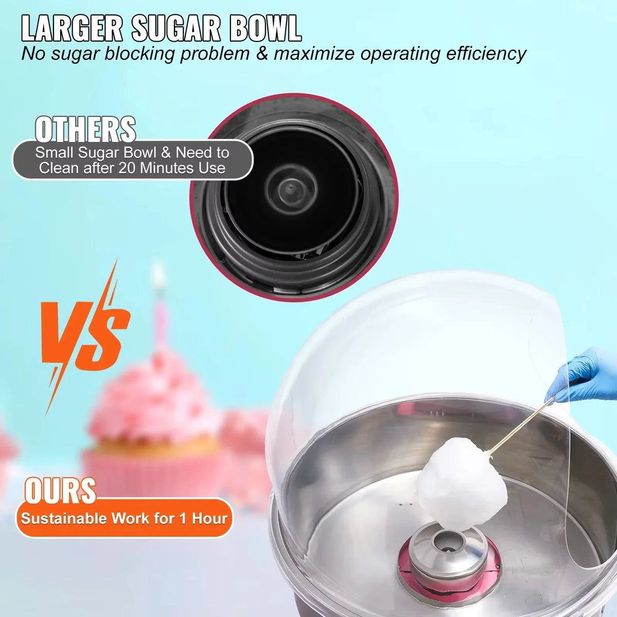 Electric Cotton Candy Machine Commercial Floss Maker with Stainless Steel Bowl Sugar Scoop and Drawer for Birthday Party