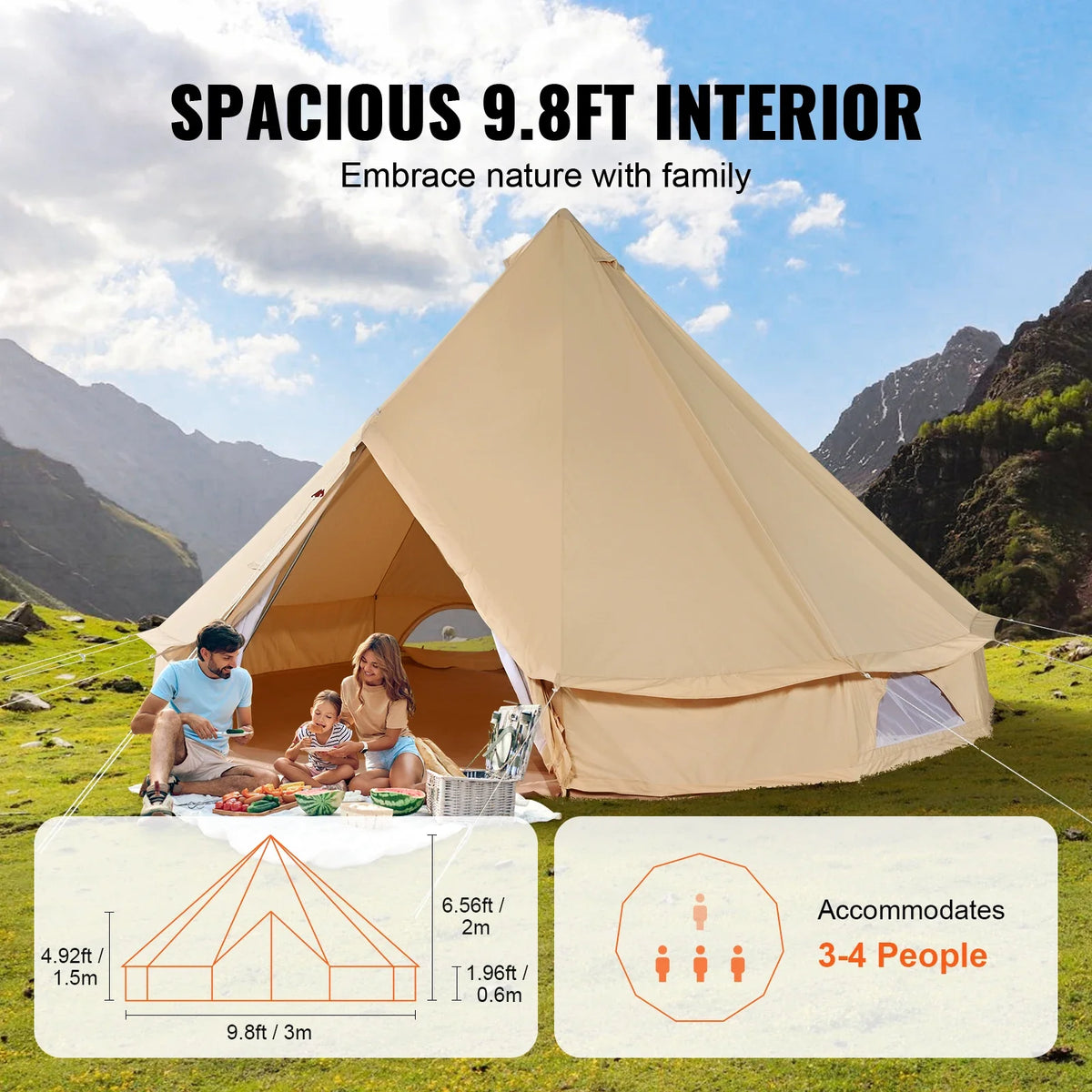 Canvas Bell Tent 4 Seasons Canvas Tent for Camping with Stove Jack Breathable Tent Family Camping Outdoor Hunting Party