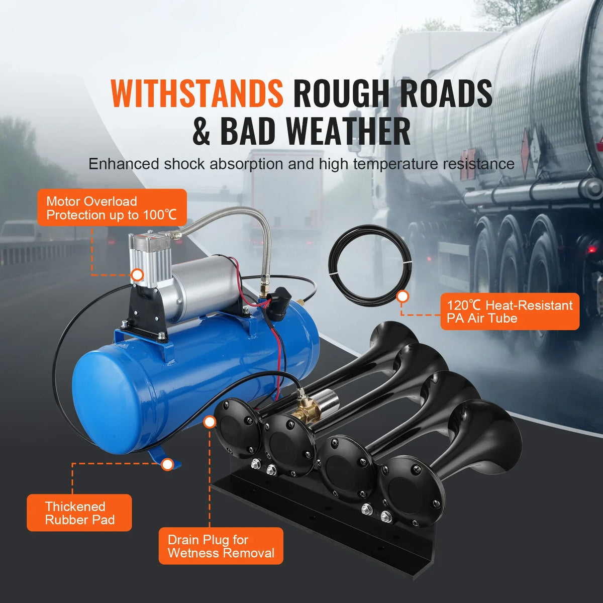 4 Trumpet Air Horn Kit 12V 120 psi Air Compressor 1.6 Gal/6 L Tank with Gauge for Any 12V Vehicle Car Truck Train Van Boat