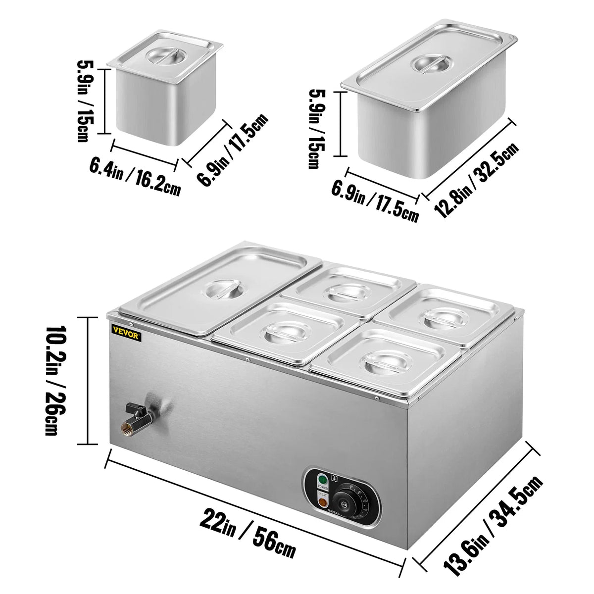 110V Commercial Food Warmer 1x1/3GN&4x1/6GN 5-Pan Stainless Steel Bain Marie 13.7 Quart Capacity for Catering Restaurants