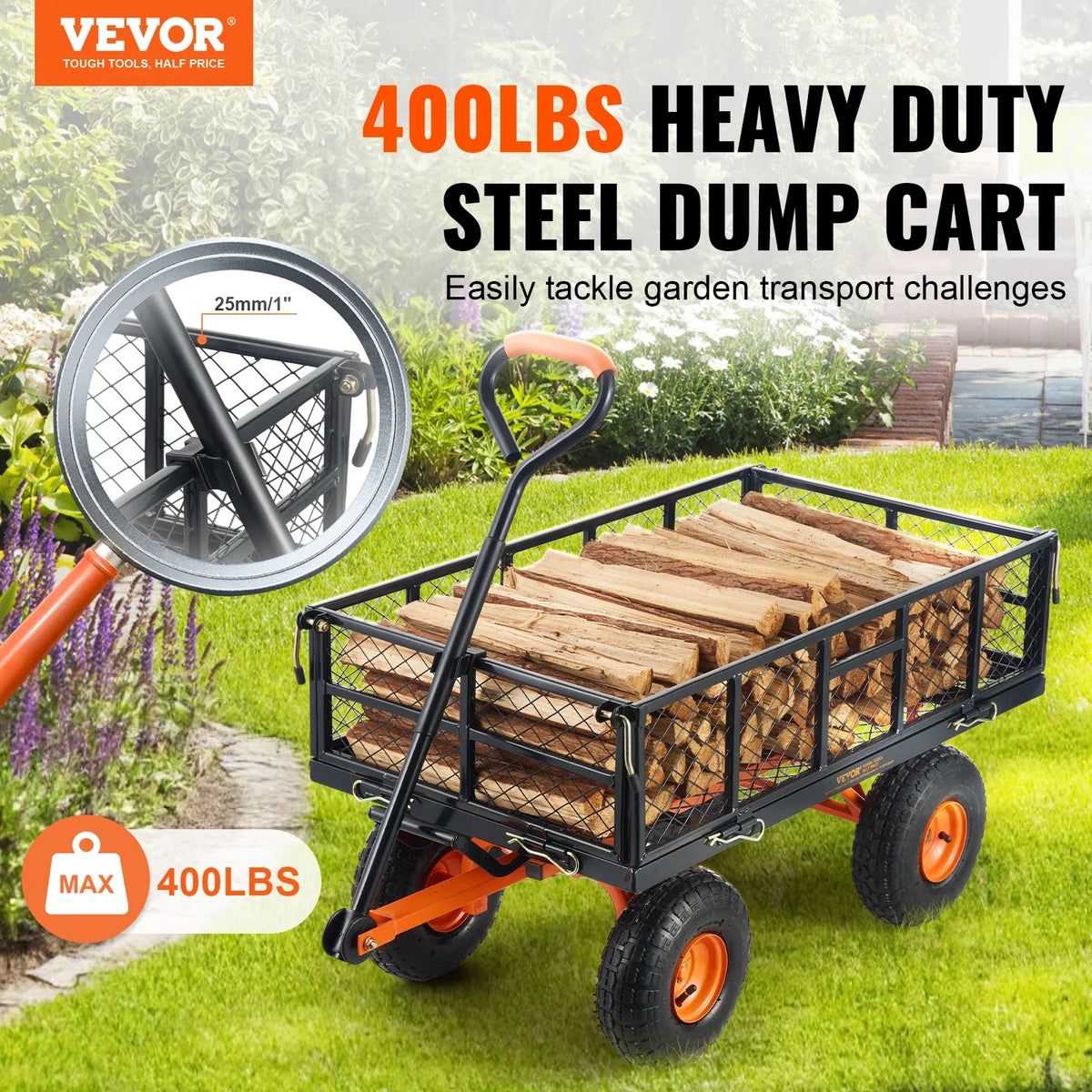 Garden Cart Sturdy Metal Utility Wagon 400lbs Load Versatile Dump Cart with Dual-Function Handle&10" Wheels Wheelbarrow