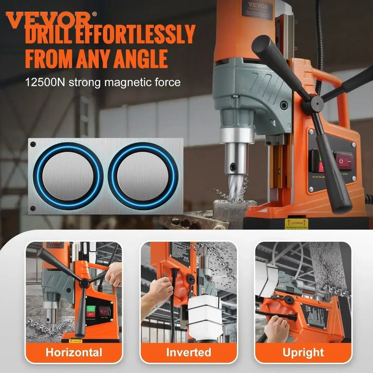 1450W Magnetic Drill 2" Boring Diameter 12500/12800N Portable Electric Mag Drill Press 800 RPM Magnetic Drilling Machine