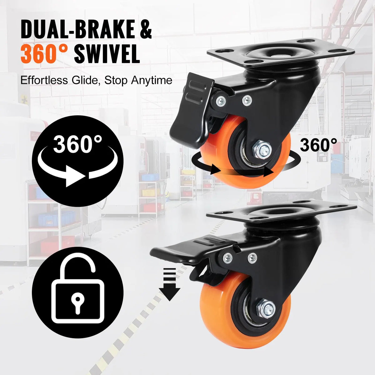 2" Swivel Casters (4-Pack) | 150lb x4 Load | Dual Lock + Quiet PVC Wheels | Non-Marking for Cart/Furniture/Workbench