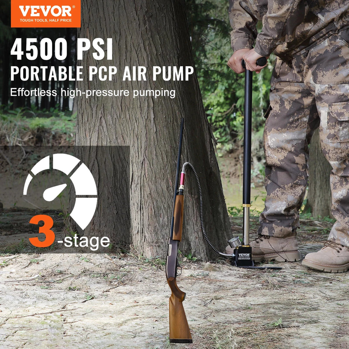 3 Stage PCP Pump 30MPa 4500PSI W/ Pressure Gauge Air Hand Stirrup Pump for Pistols, Rifles, Air Guns, Car Bicycle Hunting