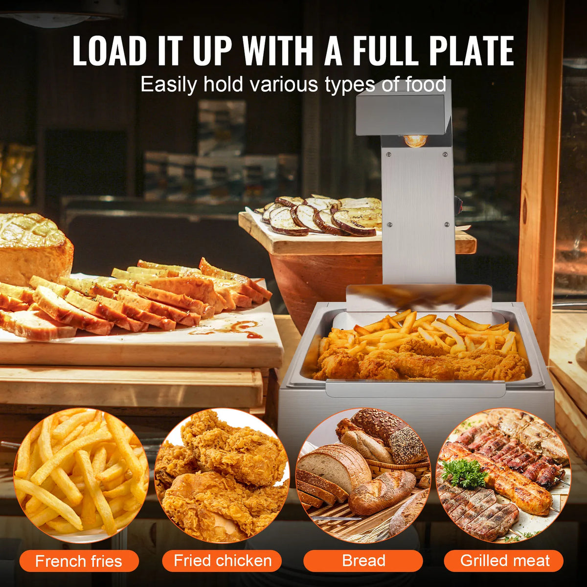 French Fry Food Warmer, 750W Commercial Food Heating Lamp, Electric Stainless Steel Warming Light Dump Station, for Buffet