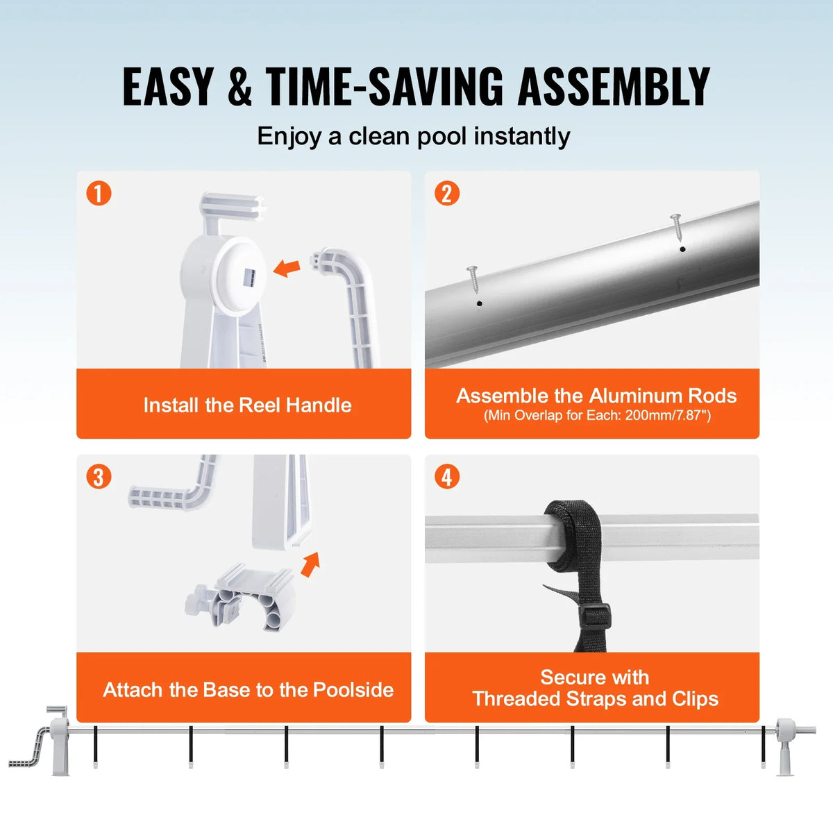 Solar Pool Cover Reel, Aluminum 20 ft Above Ground Swimming Pool Cover Reel Set Fits for 3 - 20 ft Width Swimming Pools