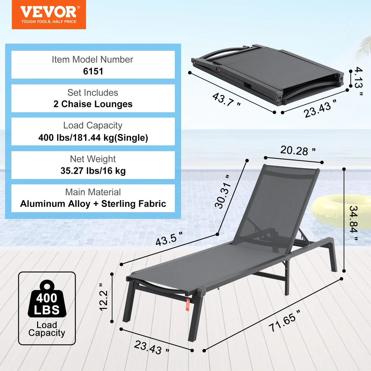 2 pcs Chaise Lounge Chairs Outdoor Aluminum Patio Lounge Chairs with Adjustable 5-Position for Patio, Beach, Pool