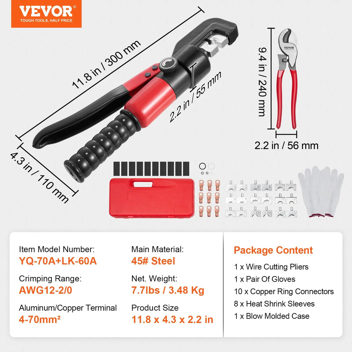 AWG12-2/0 Crimping Tool Copper And Aluminum Terminal Battery Lug Hydraulic Crimper,with a Cutting Pliers, Gloves