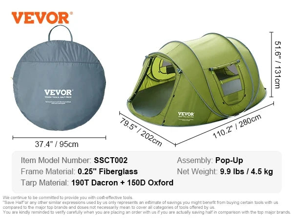 6 Person Outdoor Profession Fabric Tent Rainfly Waterproof Camping Tent Family Outdoor Instant Setup Tent with Carring Bag