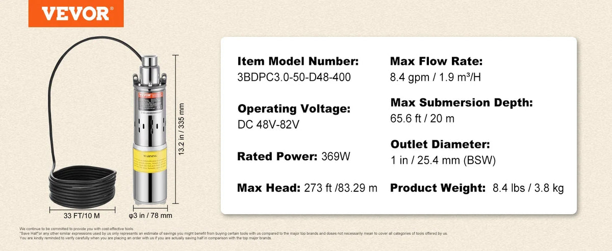 Solar Water Pump 48V DC 369W Submersible Deep Well Pump  Solar Powered Water Pump for Well Farm Ranch Irrigation