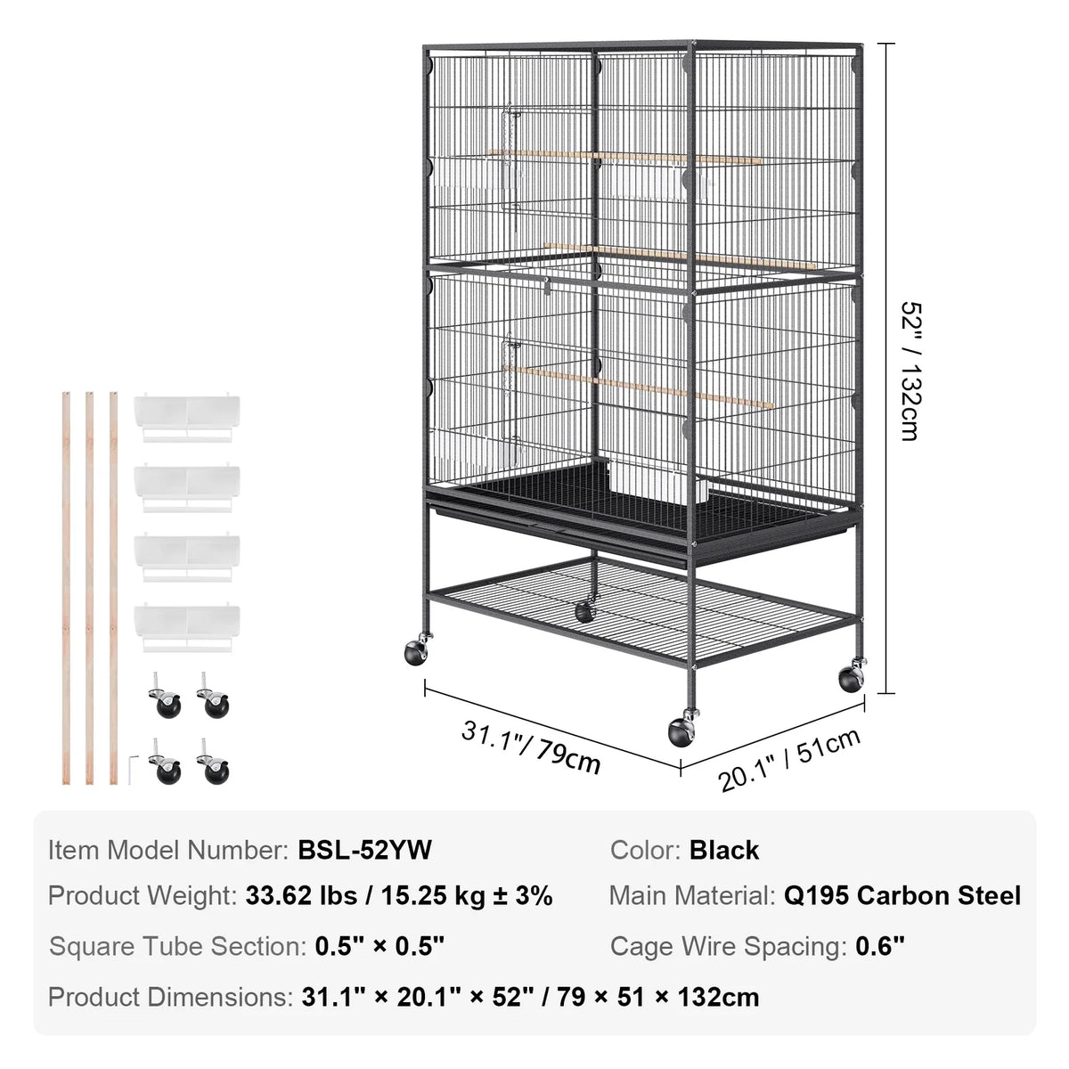 52inch Standing Large Bird Cage Carbon Steel Flight Bird Cage for Parakeets/Cockatiels/Parrots/Macaw with Rolling Stand