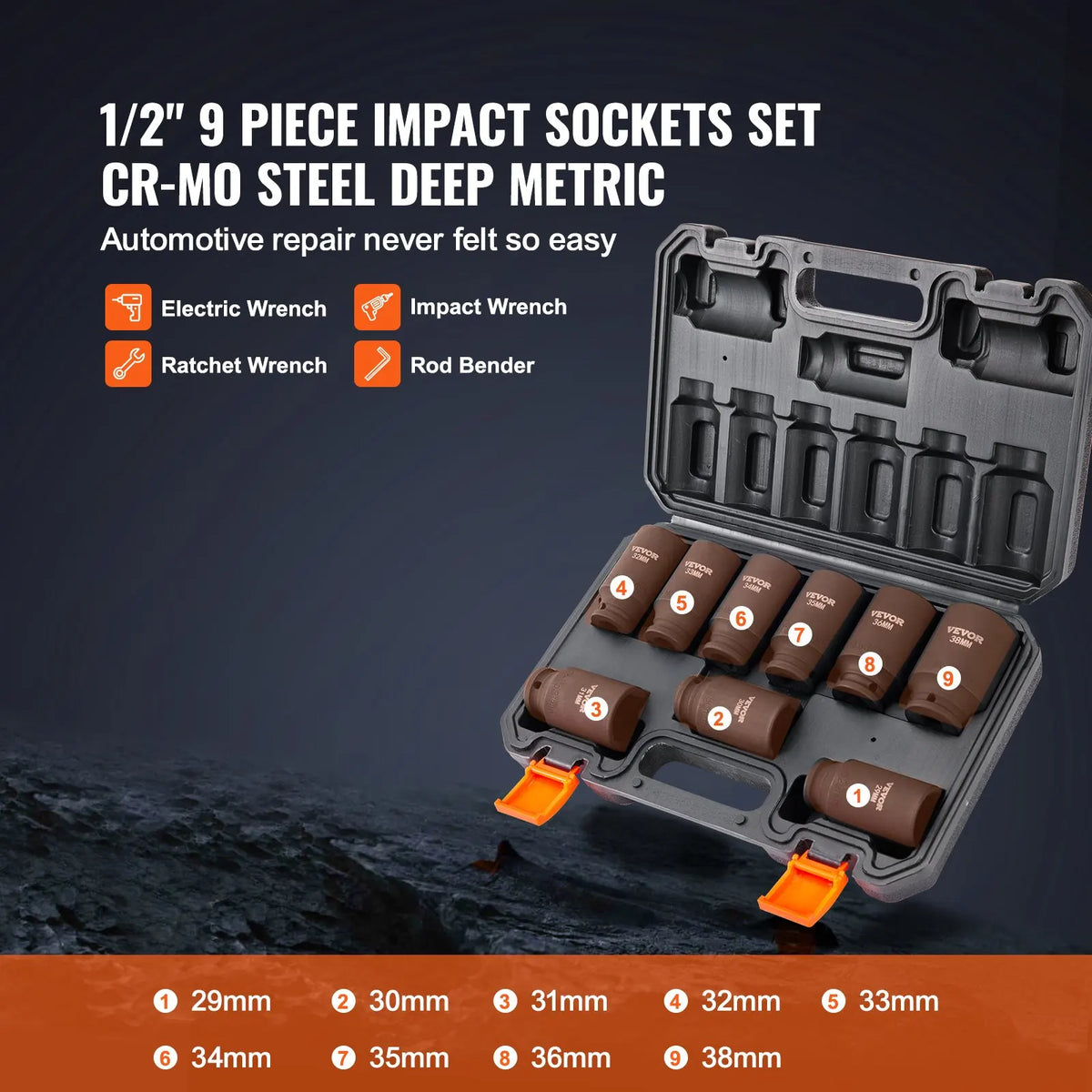 1/2" Drive Impact Socket Set 9/11 Piece Deep Socket Set Metric Cr-Mo Cr-V Alloy Steel for Auto Repair Ratchet Tool Kit