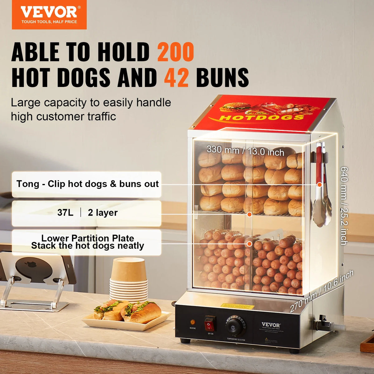 Hot Dog Steamer, 39QT, 2-Tier Hot Dog Hut Steamer, 86℉~185℉ Temp Control, Electric Bun Warmer w/Tempered Glass Slide Doors