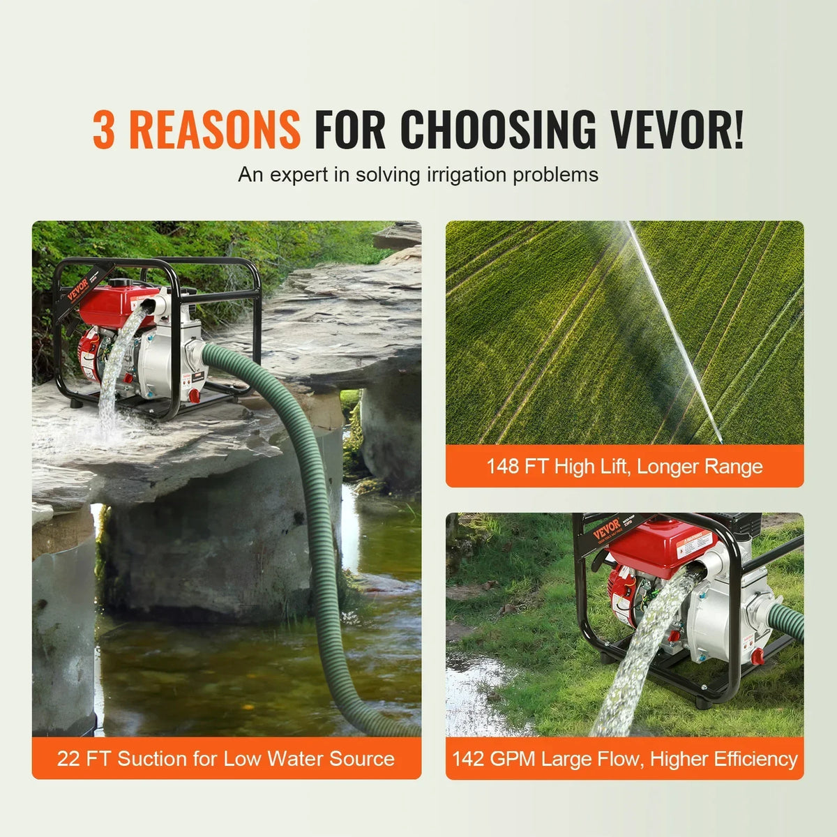 Gasoline Engine Water Pump 7HP 142/265 GPM 22ft Suction 4-Stroke Gas Powered Trash Water Transfer Pump for Irrigation Pool
