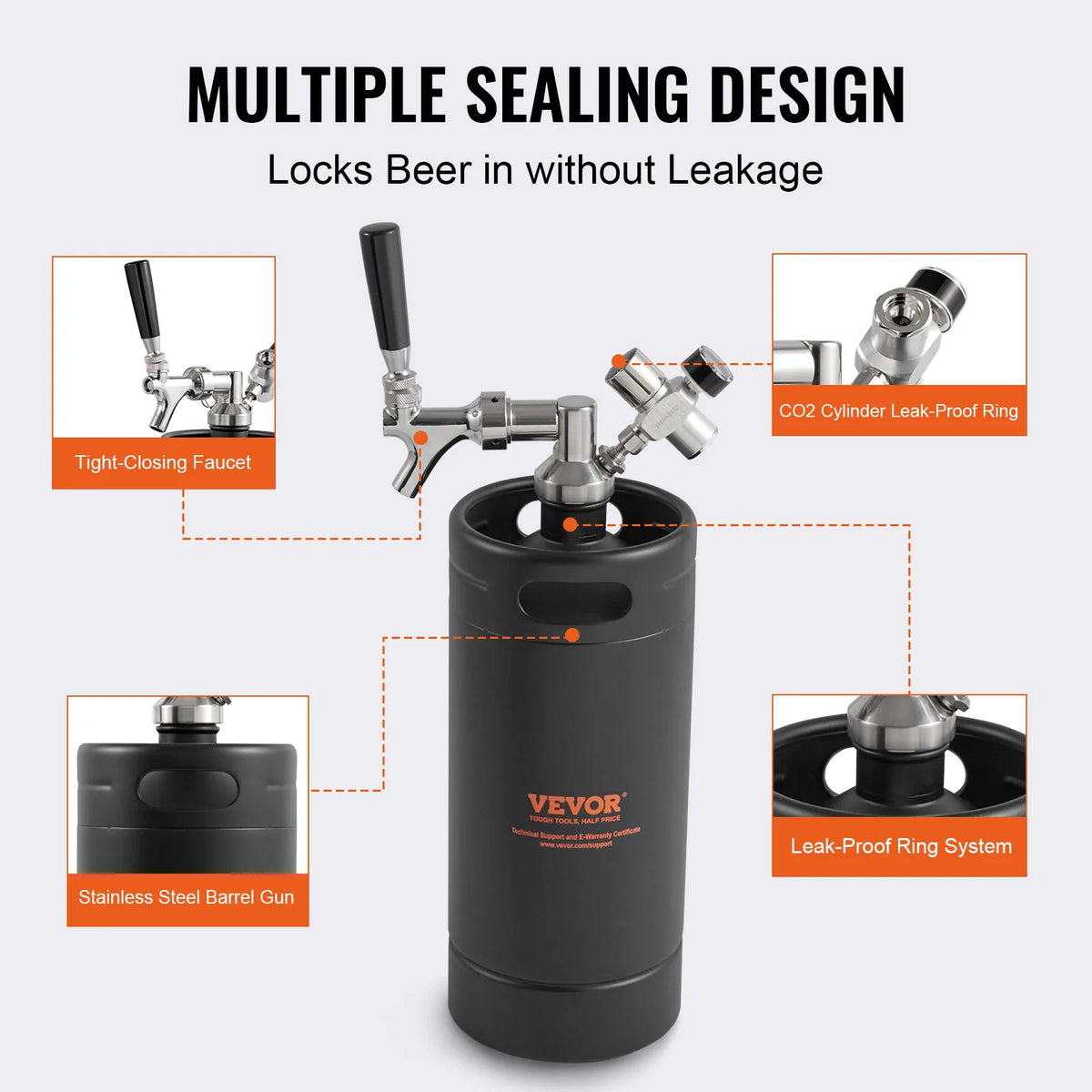 Beer Growler Tap System 304 Stainless Steel Pressurized Keg Growler with Pressure Display For Draft Homebrew Craft Beer