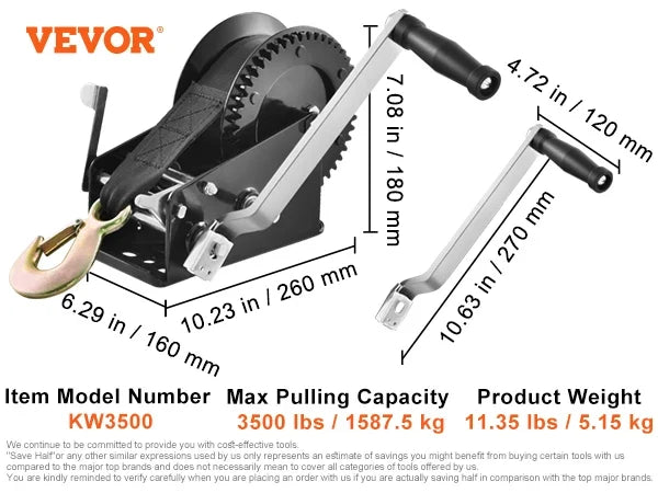 Hand Winch,Boat Trailer Winch Heavy Duty Rope Crank w/ 23ft Polyester Strap & Two-Way Ratchet,Manual Operated Crank Winch