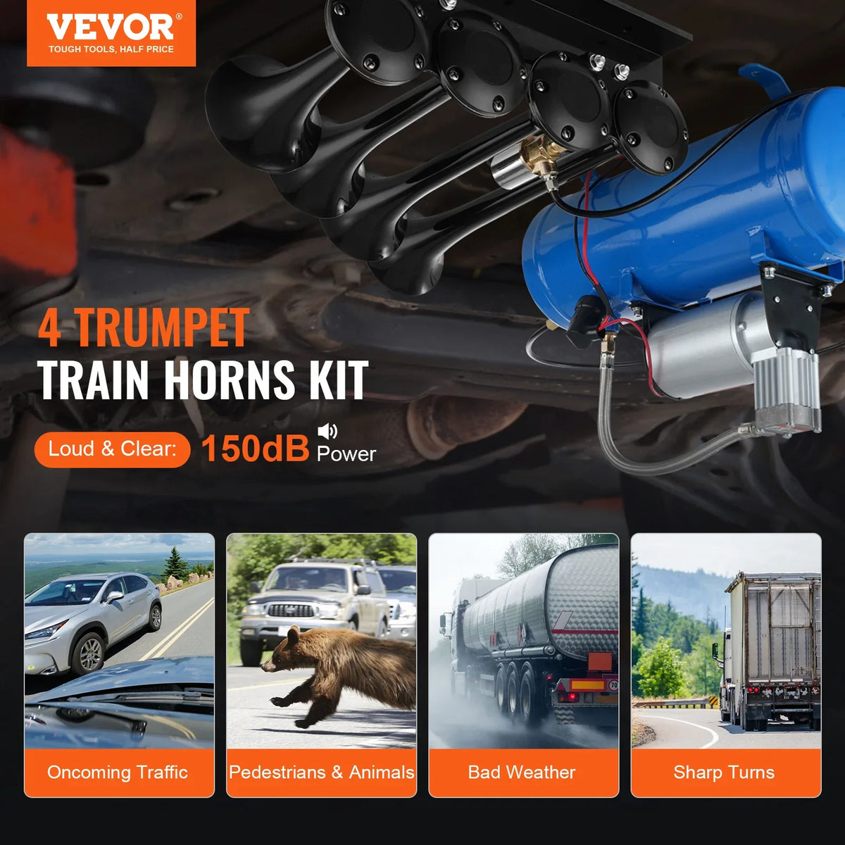 4 Trumpet Air Horn Kit 12V 120 psi Air Compressor 1.6 Gal/6 L Tank with Gauge for Any 12V Vehicle Car Truck Train Van Boat