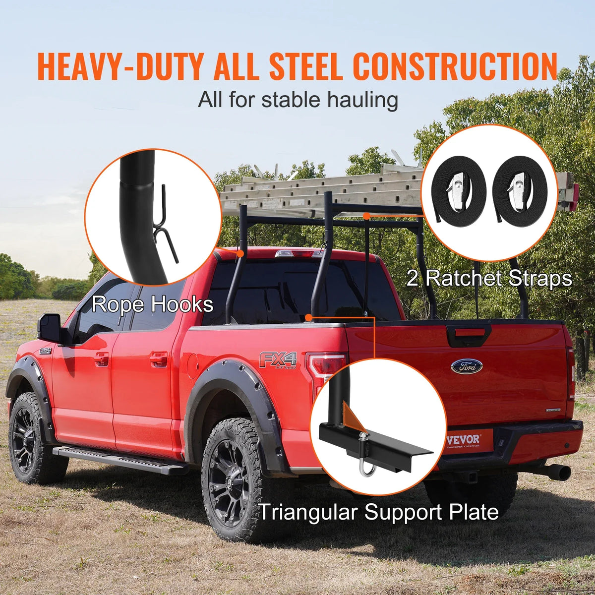 46-71inch Extendable Truck Ladder Rack 800 lbs Capacity Steel Rack for Truck with Non-Drilling J-bolts for Kayak Surfboard