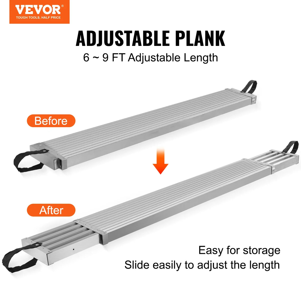 Telescoping Aluminum Work Plank 6-9 Feet 500lbs Capacity 12.5 inch Width Aluminum Scaffold Plank Extension Staging Plank