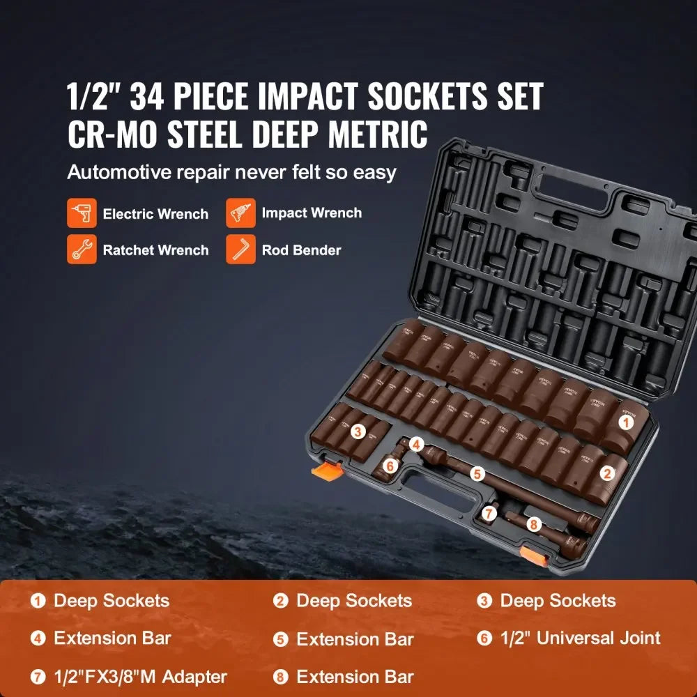 1/2" 3/8" Drive Impact Socket Set 13/23/33/34/48/65/90PCs SAE or Metric Cr-V/Cr-Mo Socket Set 6 Point Alloy Steel Repair